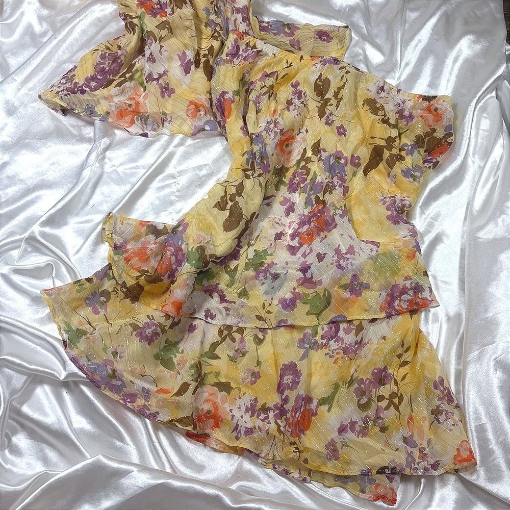 Vintage R&M Richards Skirt Set Yellow Floral Metallic Tiered Ruffle Excellent 14